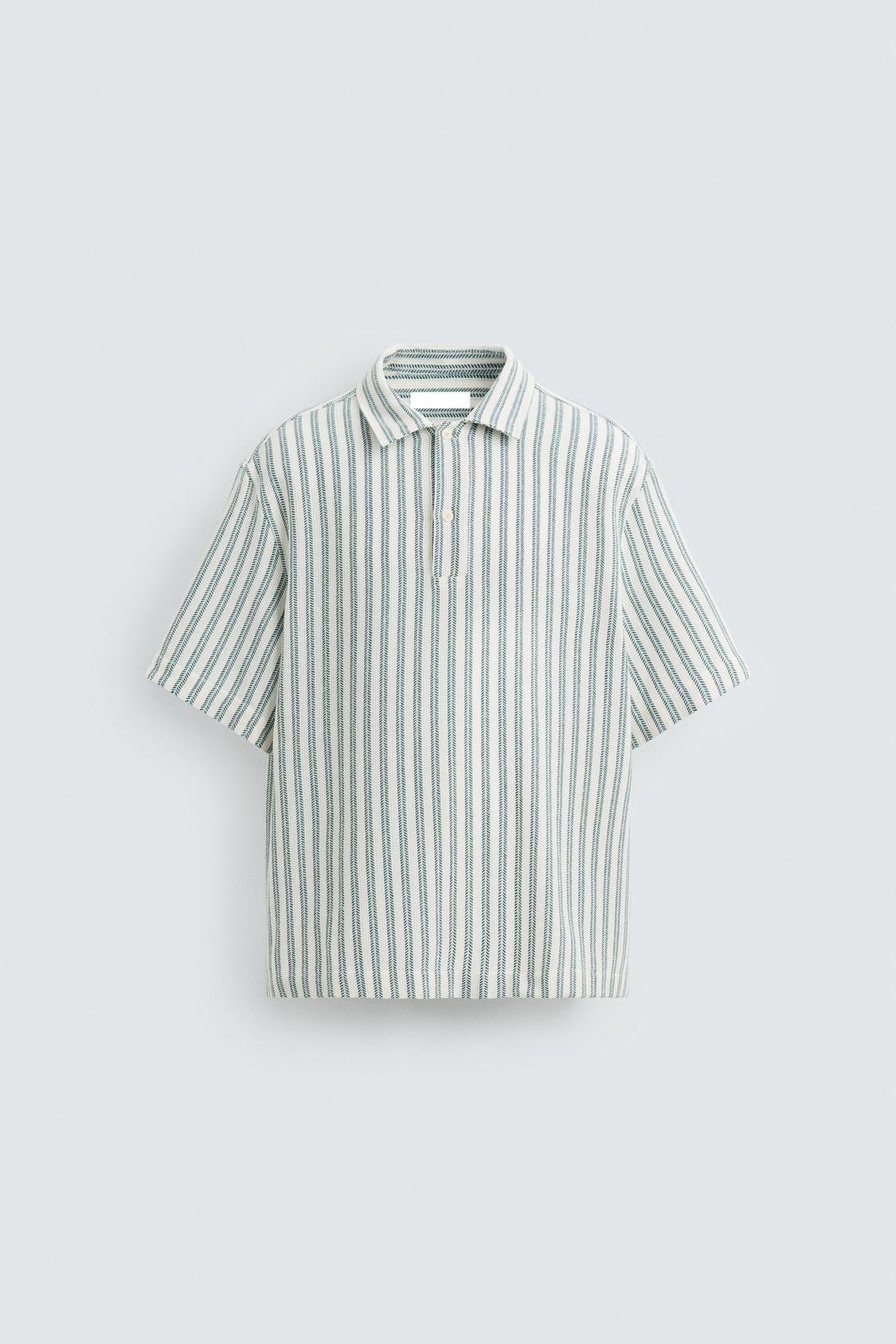 HERRINGBONE TEXTURED POLO SHIRT - GREEN/BLUE