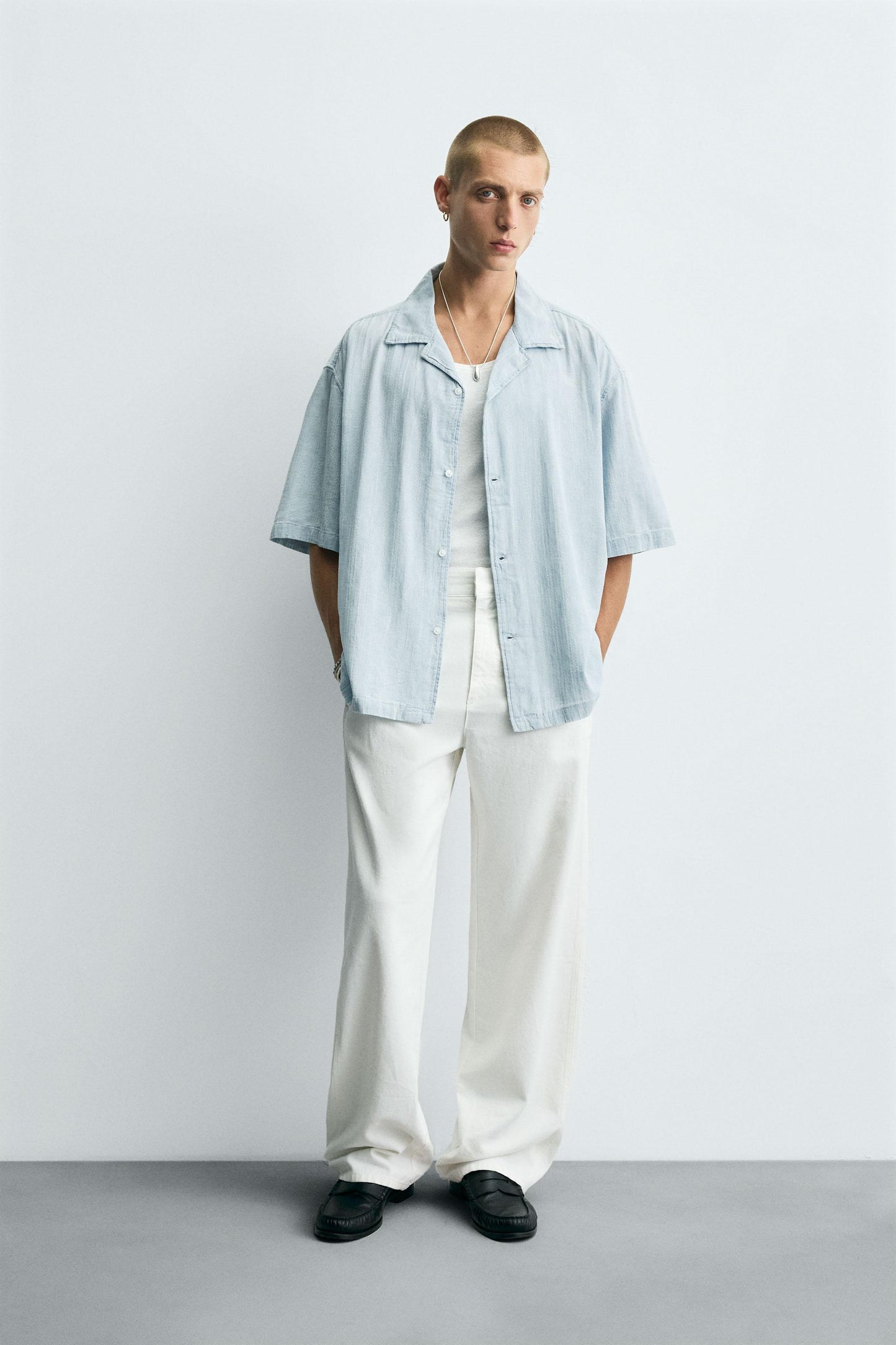 WASHED JACQUARD STRIPED SHIRT - LIGHT BLUE