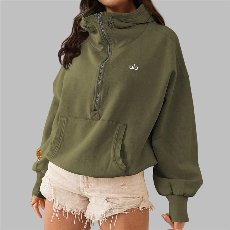 ALO CASUAL SOLID COLOR ZIPPER TURTLE NECK SWEATER