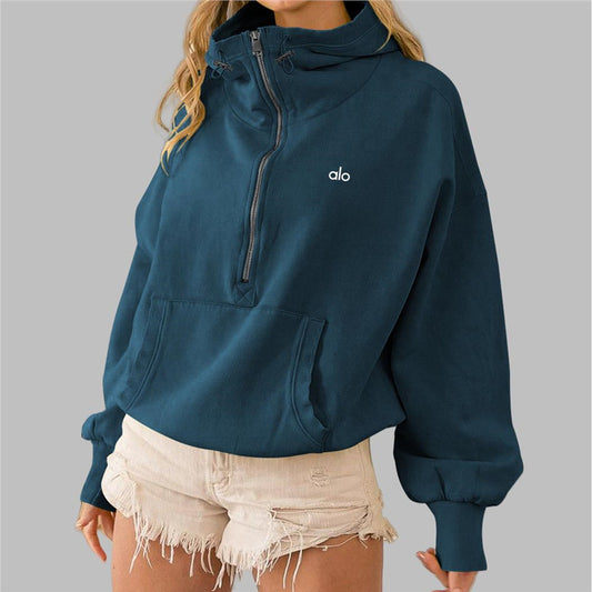 ALO CASUAL SOLID COLOR ZIPPER TURTLE NECK SWEATER