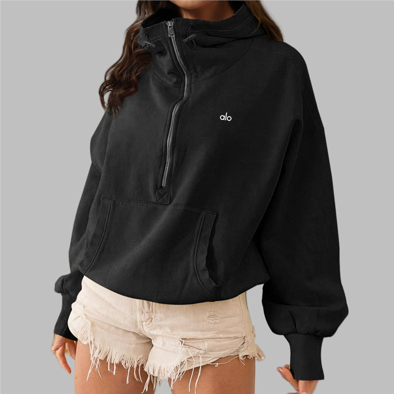 ALO CASUAL SOLID COLOR ZIPPER TURTLE NECK SWEATER
