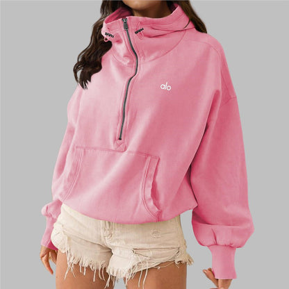 ALO CASUAL SOLID COLOR ZIPPER TURTLE NECK SWEATER
