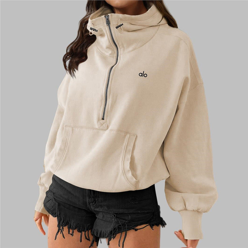 ALO CASUAL SOLID COLOR ZIPPER TURTLE NECK SWEATER