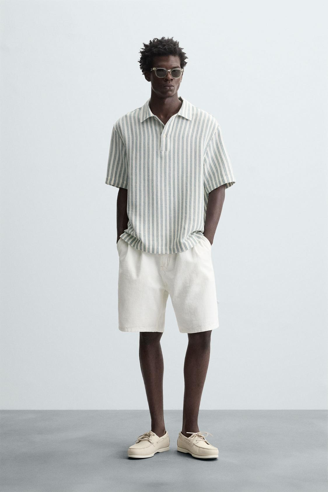HERRINGBONE TEXTURED POLO SHIRT - GREEN/BLUE